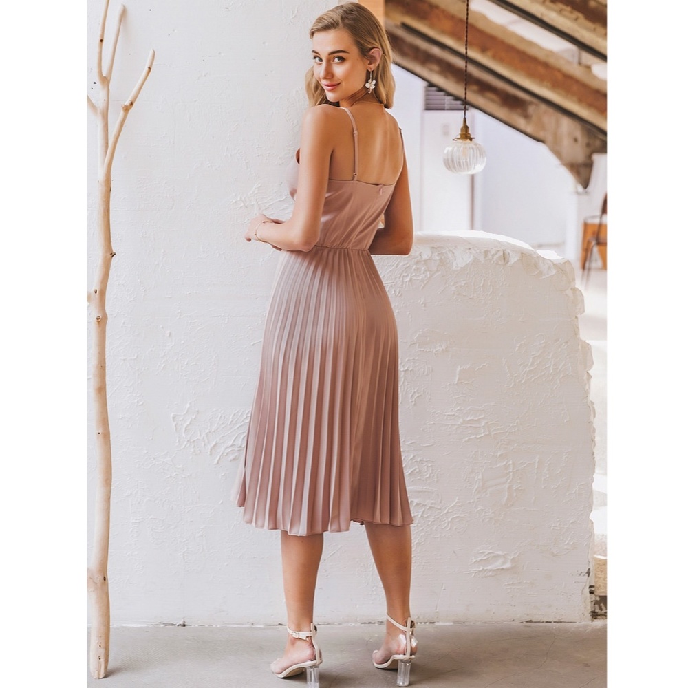 Pastel Pink Pleated V-Neck Dress - Picture 8 of 16